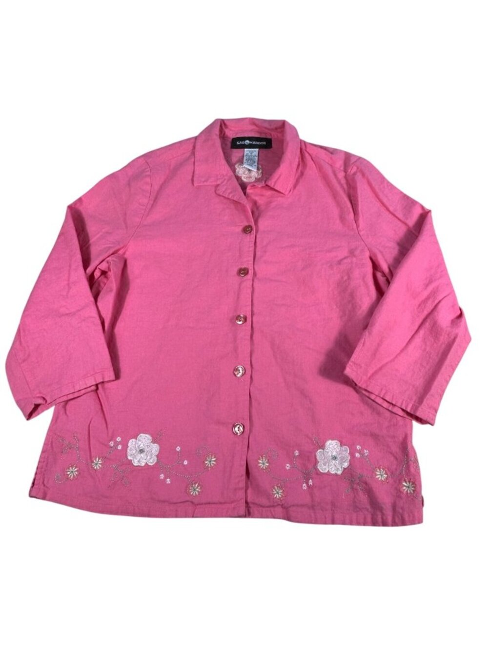 VTG Sag Harbor Linen Blend Embroidered Blouse Sz 14 Pink Floral 3/4 Sleeve